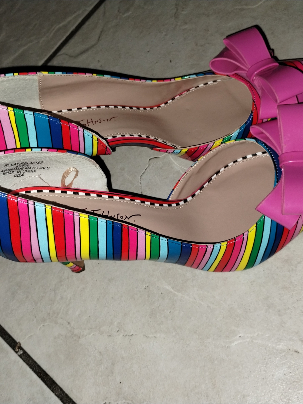 Betsey Johnson Multicolor Striped Pointed Pumps with Pink Bow - Picture 3 of 4